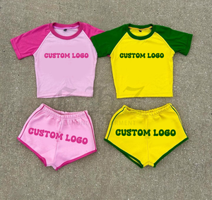 Tùy Chỉnh Mùa Hè 2 Mảnh Thiết Lập Phụ Nữ Cơ Bản Bé TEE Mỏng Được Trang Bị Crop Tops Ngắn Tay Áo Quốc Nước Cờ T Áo Sơ Mi Và Quần Short Bộ Phụ Nữ - Product Image 6