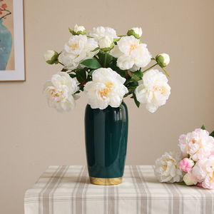 Bouquet de fleurs artificielles en soie pivoine à double tête, vase vert, décoration d'intérieur, arrangement floral pour salon - Product Image 1