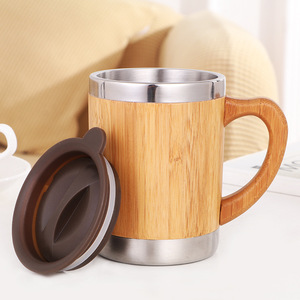 2022 Double Paroi Écologique 350ml Bambou Bois En Acier Inoxydable Isolation Sous Vide Thermique Café Thé Tasse Tasse avec Poignée et Couvercle - Product Image 4