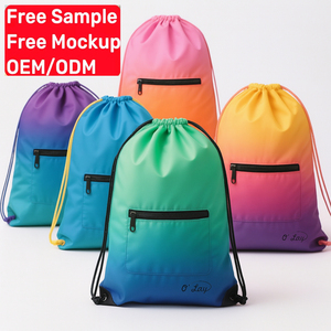 Custom Logo Gradient Color Waterproof Polyester Drawstring Backpack With Front Zipper Pocket for Sports Gym School Travel Beach