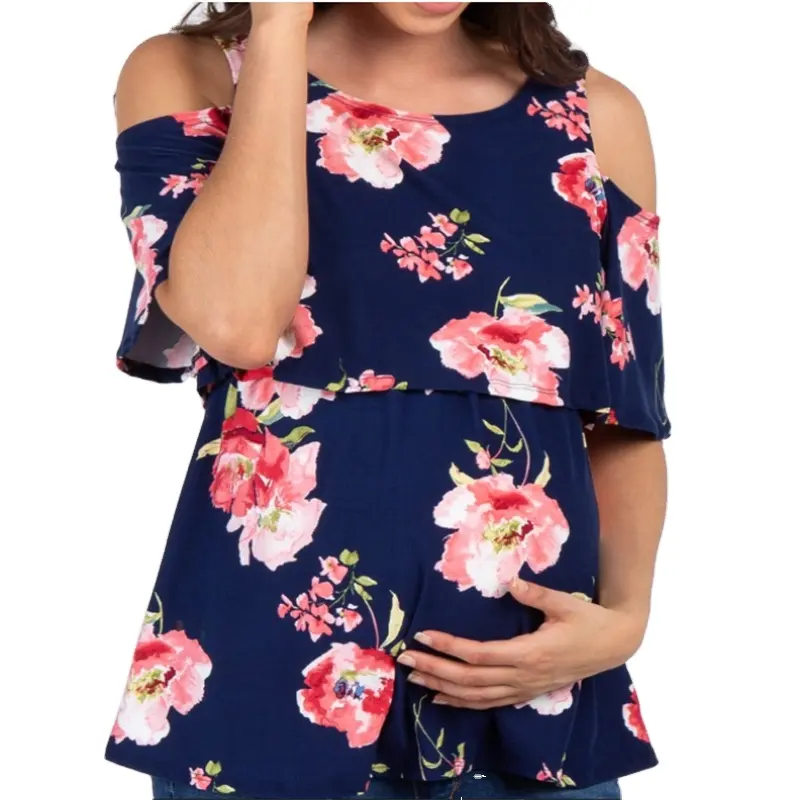 Navy Bloemen Koude Schouder Gelaagde Moederschap Verpleging Top Borstvoeding Blouse