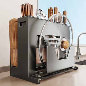 2026 New Model Kitchen <b>Organizer</b> Metal Punch-Free Knife Holder Cutting Board Rack with Chopstick Holder - Product Image 2