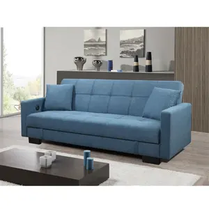 Sofá cama plegable de tela transformable, cómoda, color azul, moderno, futón con USB