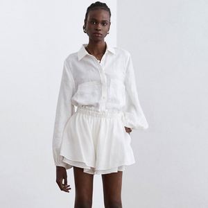 Conjunto de Dos Piezas de Verano para <span class=keywords><strong>Mujer</strong></span>, Blusa de Manga Larga de Algodón y <span class=keywords><strong>Lino</strong></span>, Pantalones Cortos con Volantes, <span class=keywords><strong>Traje</strong></span> <span class=keywords><strong>Blanco</strong></span> Informal a la Moda - Product Image 3
