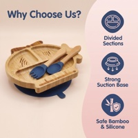 Ensemble de vaisselle pour enfants en bambou en forme d'hélicoptère de dessin animé, assiette à ventouse à 3 compartiments, cuillère et fourchette en silicone de qualité alimentaire