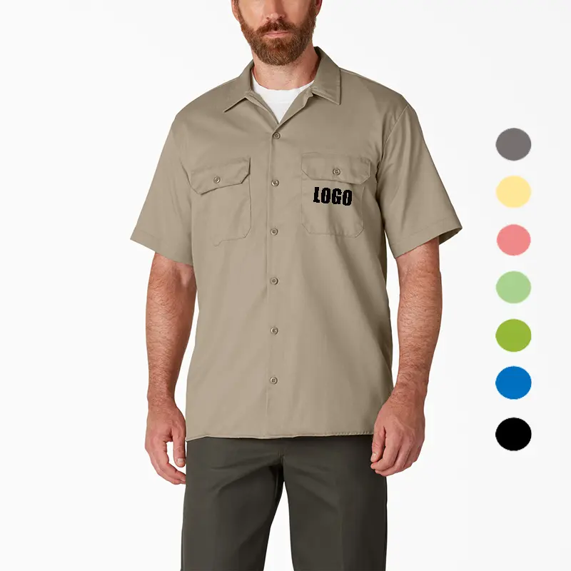 Custom logo high quality regular fit flap chest pockets button up break collar short sleeve plus size men work shirt