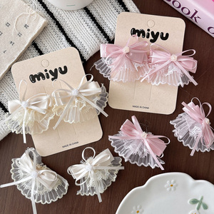 Fermaglio per capelli in pizzo con fiocco fatto a mano in stile coreano per <span class=keywords><strong>bambina</strong></span>, motivo floreale, gonna in garza da principessa, clip laterale BB, dolce coppia - Product Image 1