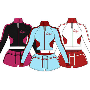 Setelan jaket dan celana pendek wanita, jaket ritsleting poliester spandeks Logo kustom, pakaian olahraga santai blok warna - Product Image 1