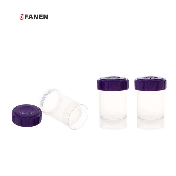 Fanen ถ้วยตัวอย่างฆ่าเชื้อขนาด 40 มล. ฝาสีม่วงถ้วยตัวอย่างทดสอบพลาสติกแบบใช้แล้วทิ้ง