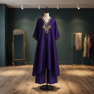 Ensemble de cordons en soie violette élégants et brodés pour femmes, avec un travail Aari dense et complexe sur le col et les manches, design indien festif - Product Image 4