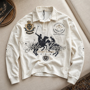 Polo de <span class=keywords><strong>Manga</strong></span> <span class=keywords><strong>Larga</strong></span> para <span class=keywords><strong>Hombre</strong></span>, Algodón Grueso, Estilo Vintage Ecuestre, Bordado, Desgastado, Streetwear, Logotipo Personalizado, Venta al Por Mayor - Product Image 1