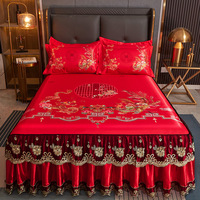 Parure de lit 3 pièces de luxe en microfibre, motif paon bleu sarcelle imprimé dessin animé, résistante à l'eau, rafraîchissante, avec jupe de lit à volants en dentelle