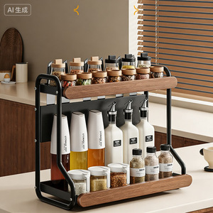 Double Layer Spice <b>Rack</b> For Kitchen Countertop Multifunctional Standing Organizer With Wooden <b>Shelves</b> And Metal Frame - Product Image 2