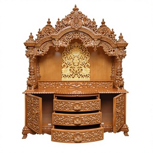 Designer Om Chakra Elegant Professional Classic Traditional Modern Teak Wood Pooja <b>Mandir</b> Home Temple Set with Elephant Carving - Product Image 2