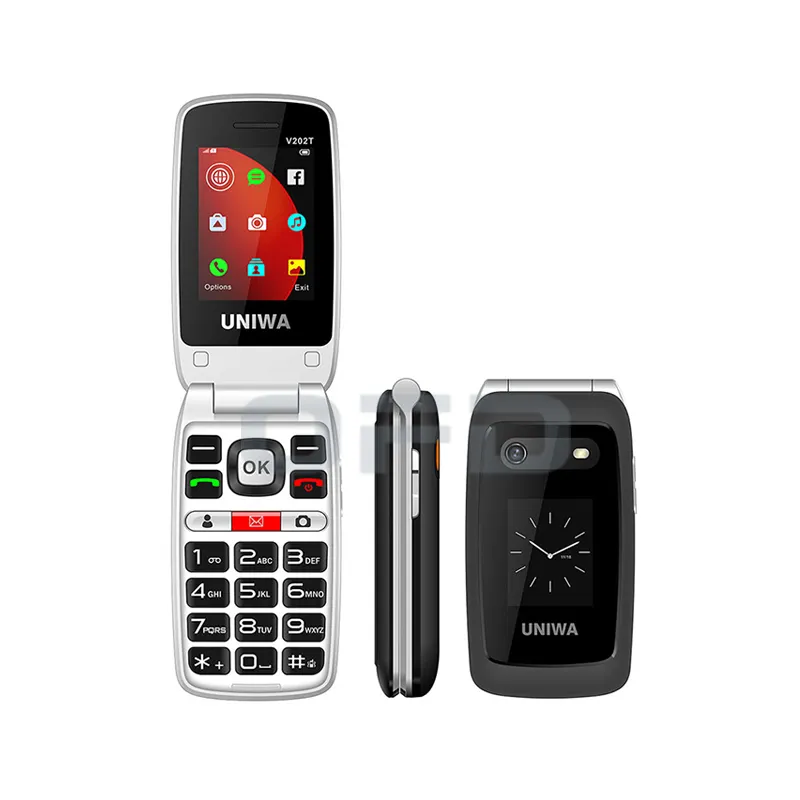 Téléphone portable UNIWA V202T pour seniors, design à clapet, double carte SIM 2G 3G 4G, batterie Li-ion 1500mAh, téléphone portable pour seniors