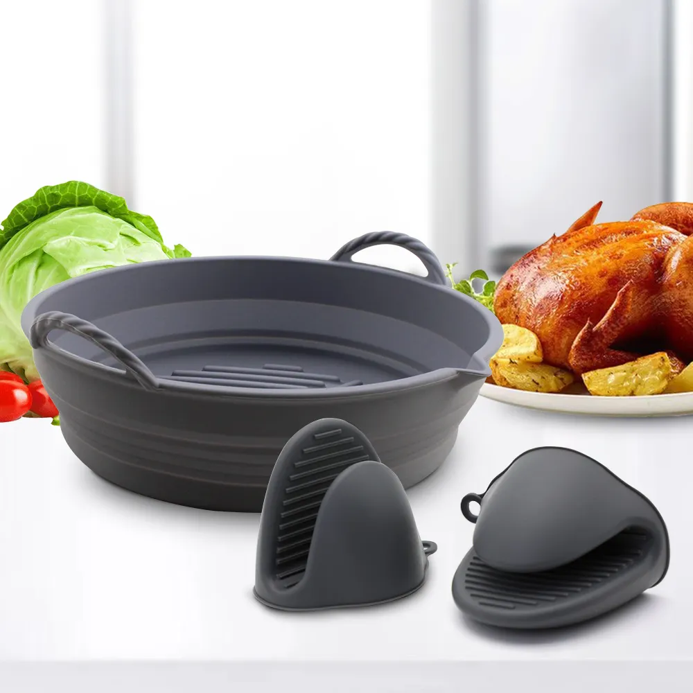 New Silicone Baking Pan Air Fryer Liner Thickened Oil Leakage Proof Air Fryer Silicone Pot with Mittens