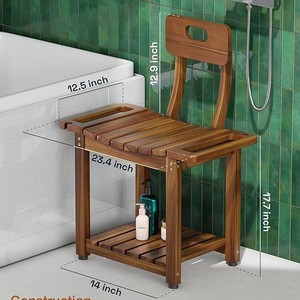 Tabouret de salle de bain en teck Ruoyi avec dossier et étagère, 18,7x16,5x34,8 pouces, chaise de douche pour la zone de la baignoire - Product Image 1