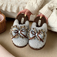 XIXITIAO Pantoufles d'hiver douces en peluche avec nœud, style rétro, pour couple, antidérapantes, chaudes et moelleuses, pour hommes et femmes, usage intérieur