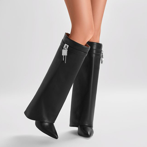 Metal Lock Thin High Heels <b>Pointed</b> Toe Overlay Shoes Dress Stiletto Pants Boots Women's Folded Over Knee High Booties - Product Image 2