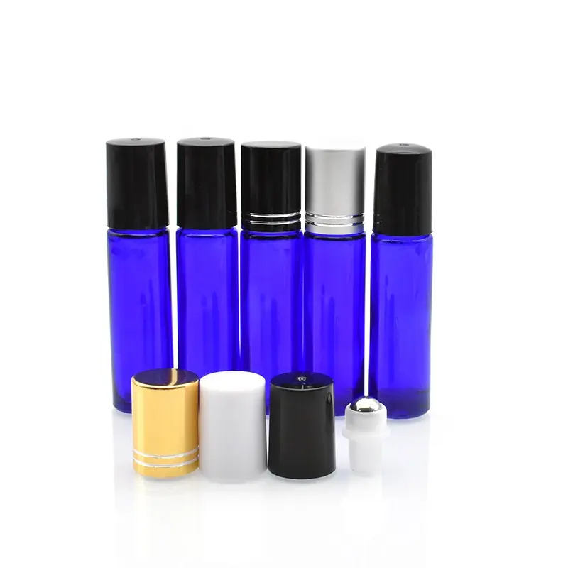 empty essential oil cosmetic glass serum bottle 10ml blue perfume glass roll on bottle with golden silver cap