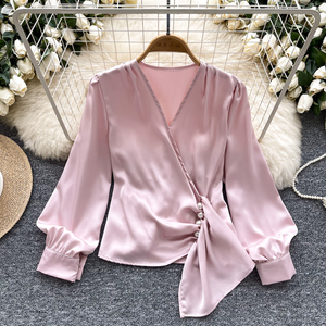 Design Sense V-Neck Nail <strong>Bead</strong> Pleated Long Sleeve Satin <strong>Top</strong> Women'S Chic <strong>Tops</strong> for Women Casual Blouses - Product Image 1