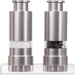 Mini Stainless-Steel One-Handed Thumb Push Button Spice Mill Salt and <b>Pepper</b> <b>Grinder</b> Set with Stand for BBQ - Product Image 1