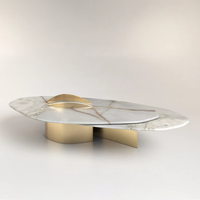 Table basse en marbre courbé avec détails dorés abstraits, style moderne et luxueux, pour salon ou comme table d'appoint.