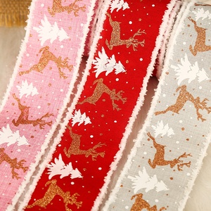 Ornement de Noël 5M Lin Imprimé Elk Arbre de Noël <span class=keywords><strong>Ruban</strong></span> Boîte Cadeau Emballage <span class=keywords><strong>Ruban</strong></span> - Product Image 4