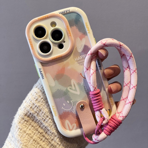 Funda con Correa de Muñeca para iPhone 16 15 14 13 11 12 Pro Max, Colorida, con Diseño de Arcoíris, Corazón, Cara Feliz, Funda Protectora de TPU Suave - Product Image 2