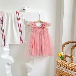 Çocuklar kelebek elbise prenses çocuk Tutu elbise beyaz kelebek kanat rop kolsuz Toddler yaz kızlar için Smocked elbiseler