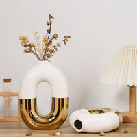 Vase Ovale en Céramique Moderne et de Luxe, Finition Dorée Galvanisée, pour Arrangements Floraux de Salon et Décoration de Pot de Mariage