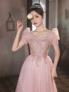 S0931R 2025 Summer New Style Banquet Temperament Sweet fairy Annual Meeting Art Exam Puff Sleeve Princess pink Evening Dress - Product Image 2