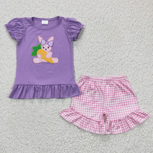 Conjunto de Shorts para Niña, Diseño de Conejo y Zanahoria de Pascua, Cuadros Rosados, Sin Mangas, Casual, Ecológico, Spandex/Poliéster - Product Image 3