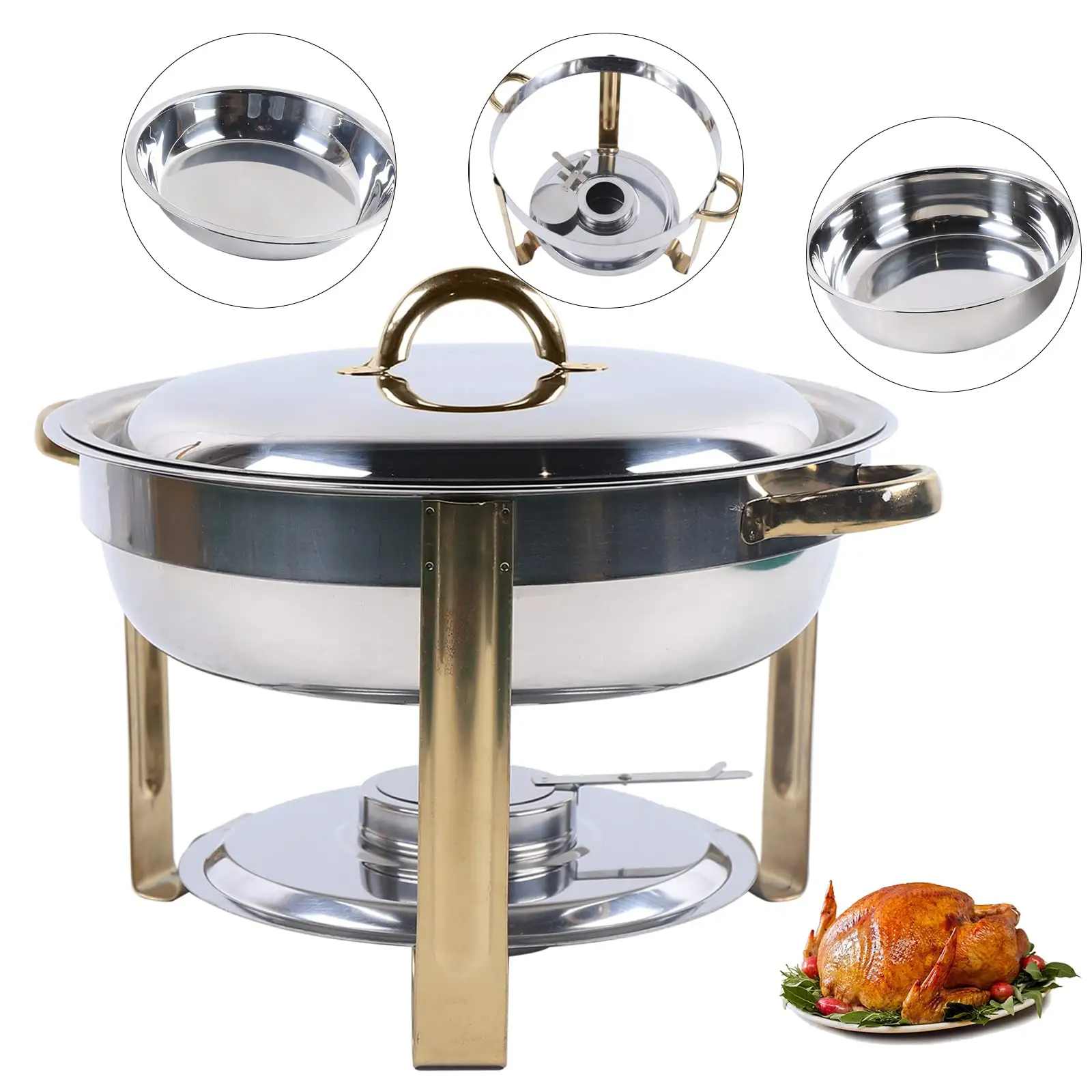 Buffet de aço inoxidável 4.5L 6L para aquecer alimentos, prato redondo dourado para festas de catering