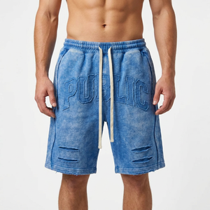 OEM Custom Logo Heavyweight Sweat Shorts Applique Distressed Fray Edge Streetwear Shorts Manufacturer Private Label - Product Image 3