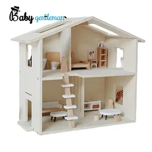 New Pretend Play Minimalist 2 Floors Natural Wooden Doll House For Kids Z06496A