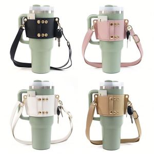 Funda Protectora para Vasos de Viaje, Moderna y Personalizada, de Cuero PU, con Correa de Hombro Ajustable y Cierre de Botón - Product Image 1