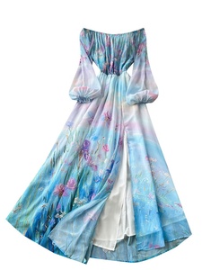 Abito Monospalla Stampato da Donna, Maniche a Lanterna, Vita Stretta, Gonna Lunga a Trapezio, Stile Vacanza, Primavera e Autunno - Product Image 6
