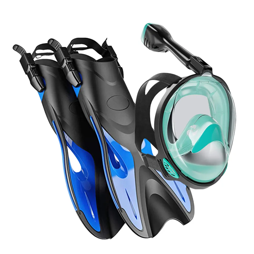 Adult Kids Full Face Dry Diving Mask 180 Degree View Diving Snorkel Mask Underwater Snorkeling Mask With Fins Set