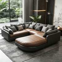 Canapé d'angle modulaire en cuir en forme de L, en bois massif, bicolore, pour salon de villa, mobilier de maison moderne de luxe léger