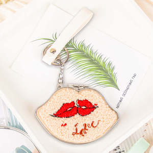 Lip Shaped Plush Embroidered Compact Mirror Keychain PU Leather Strap Folding Double Sided <b>Pocket</b> Makeup Mirror Wholesale Custom - Product Image 1