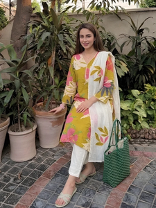 Olive Green Pink and <b>White</b> Floral 3 <b>Piece</b> Kurta <b>Set</b> Stylish Ethnic Wear for Festive Casual and Party Occasion - Product Image 3