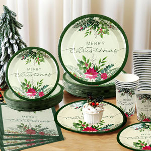 Kits de fournitures de fête jetables en gros, gobelets, assiettes, serviettes en papier compostables personnalisés imprimés, ensemble de <span class=keywords><strong>vaisselle</strong></span> en papier floral pour Noël - Product Image 3
