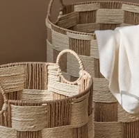 Panier de rangement multifonctionnel en corde de papier avec poignée tressée à carreaux, panier à linge fait main