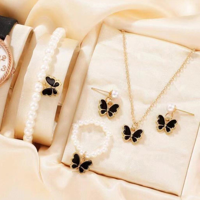 Fashion Jewelry Set Drip Oil Butterfly Pendant Pearl Bracelet Earrings Necklace Accessories Wholesales N251037