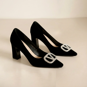 7188N-219 Velvet Pumps Pointed Toe <b>Block</b> Heel <b>Rubber</b> Sole Anti-Slippery Buckle Office Shoes High Heel Women's Formal Wear - Product Image 1