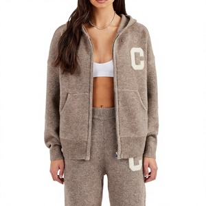Wholesale Women's Vintage Style Fuzzy Breathable Knit Two-Piece Set with Hooded Collar Zipper Cardigan and Jogger Pants - Product Image 1