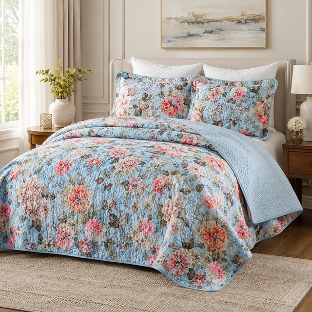 Breathable Cotton Quilted Bedspread Set, Custom Printed Reversible Coverlet with Pillow Shams