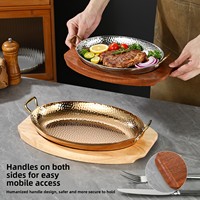 Plateau de service ovale en acier inoxydable 304 martelé, base en bois or rose, pour steak, restaurant, hôtel, traiteur, cuisine domestique