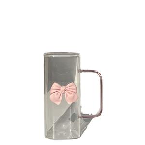 كوب زجاجي مربع بسيط وشفاف مزود بماصة ومقبض على شكل فيونكة مقاوم للحرارة العالية للقهوة والحليب والمشروبات - Product Image 5